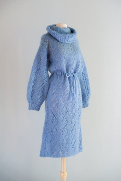 Cutest 1970's Hand-Knit Pale Blue Mohair Sweater Dress / M