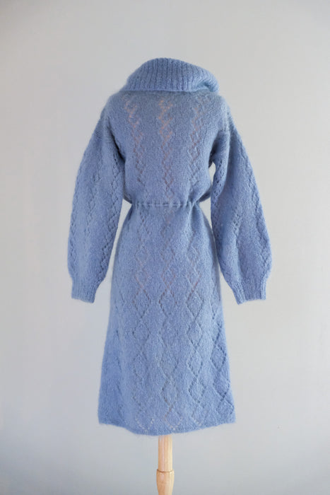 Cutest 1970's Hand-Knit Pale Blue Mohair Sweater Dress / M