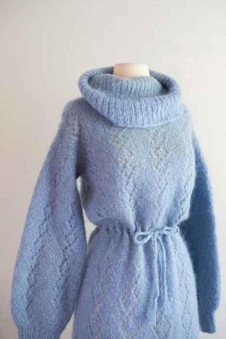 Cutest 1970's Hand-Knit Pale Blue Mohair Sweater Dress / M