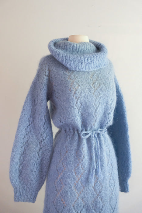 Cutest 1970's Hand-Knit Pale Blue Mohair Sweater Dress / M