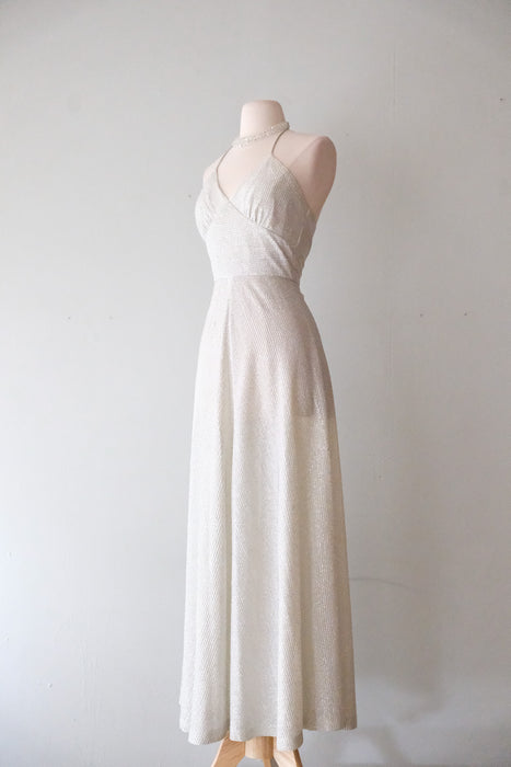 Dazzling 1970's White Silver Metallic Halter Evening Gown / Sz S