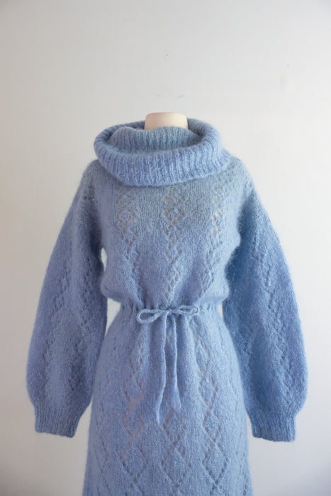 Cutest 1970's Hand-Knit Pale Blue Mohair Sweater Dress / M