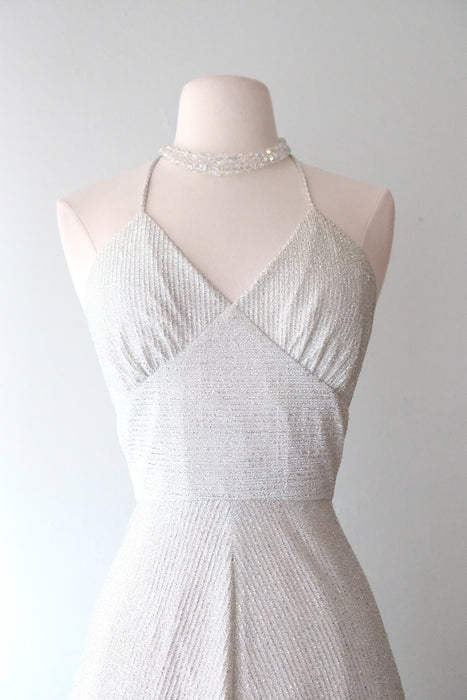 Dazzling 1970's White Silver Metallic Halter Evening Gown / Sz S