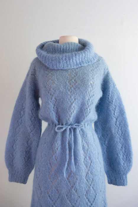 Cutest 1970's Hand-Knit Pale Blue Mohair Sweater Dress / M