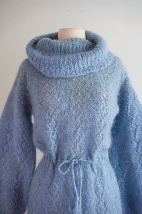 Cutest 1970's Hand-Knit Pale Blue Mohair Sweater Dress / M