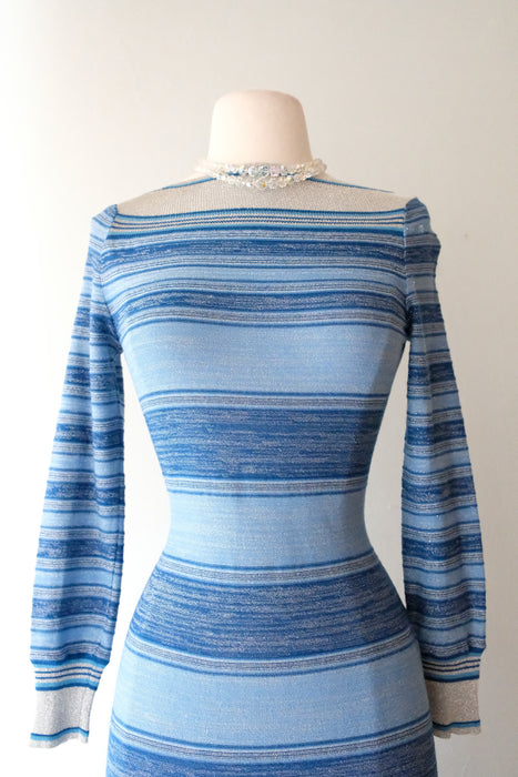 Brilliant 1970's Blue & Silver Striped Metallic Knit Evening Gown / Sz SM