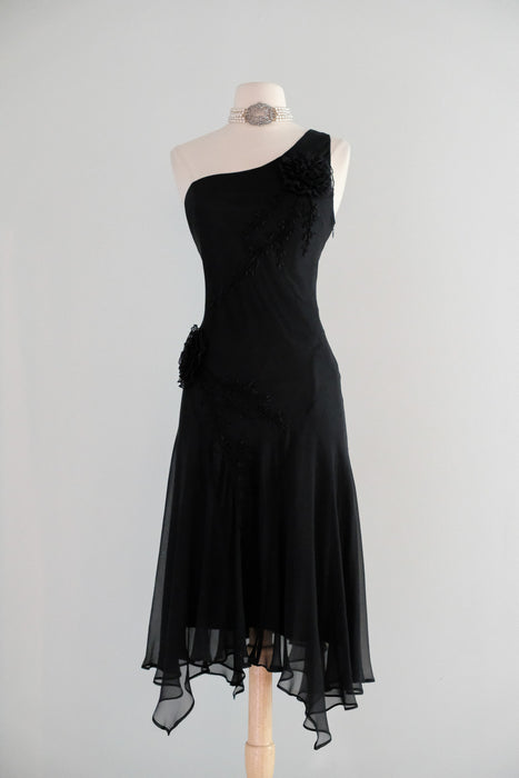 Vintage 1990's One Shoulder Silk Chiffon Party Dress by Sue Wong / M