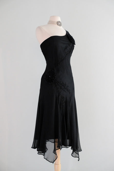 Vintage 1990's One Shoulder Silk Chiffon Party Dress by Sue Wong / M