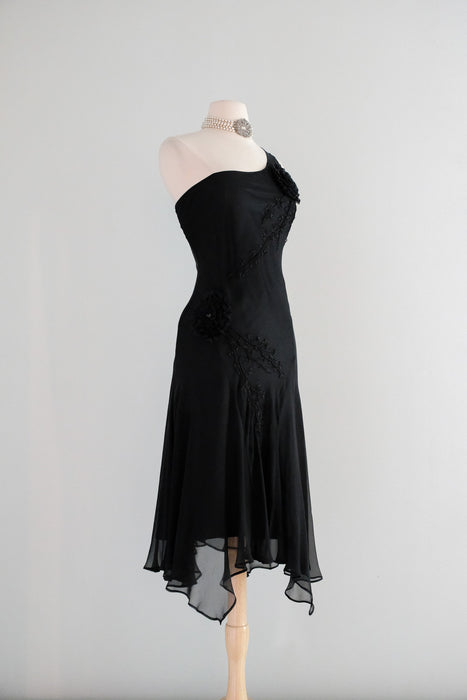 Vintage 1990's One Shoulder Silk Chiffon Party Dress by Sue Wong / M