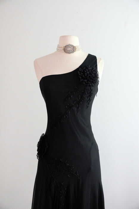 Vintage 1990's One Shoulder Silk Chiffon Party Dress by Sue Wong / M