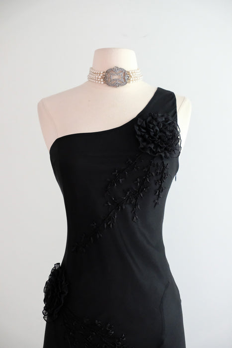 Vintage 1990's One Shoulder Silk Chiffon Party Dress by Sue Wong / M