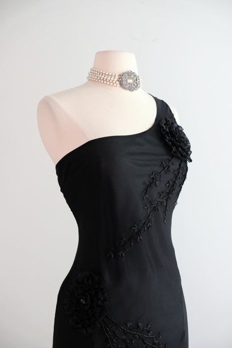Vintage 1990's One Shoulder Silk Chiffon Party Dress by Sue Wong / M