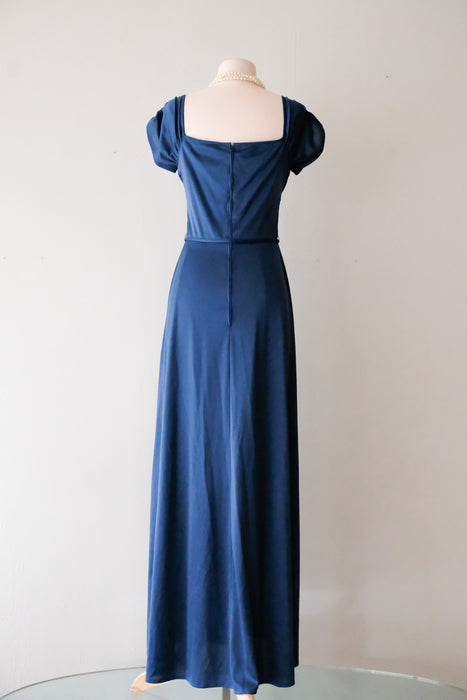 Sensual 1970's Peacock Blue Draped Evening Gown / Sz M