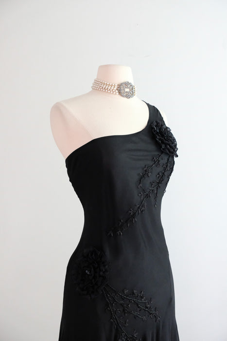 Vintage 1990's One Shoulder Silk Chiffon Party Dress by Sue Wong / M