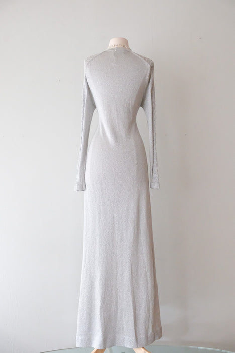 Marvelous 1970's Jon-Michel Metallic Silver Knit Evening Gown / Sz M