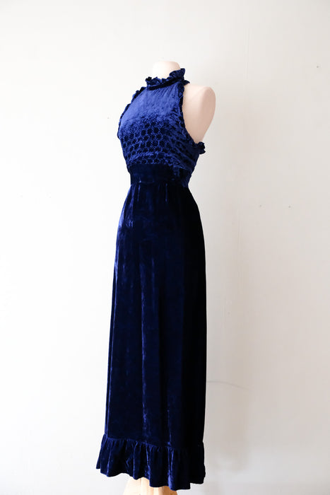 Stunning 1970's Blue Velvet Caped Evening Gown / Sz XS