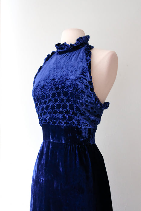 Stunning 1970's Blue Velvet Caped Evening Gown / Sz XS