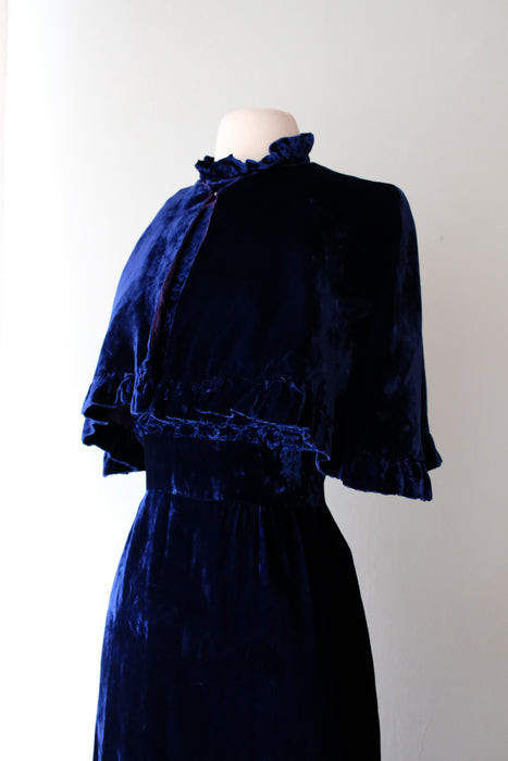 Stunning 1970's Blue Velvet Caped Evening Gown / Sz XS