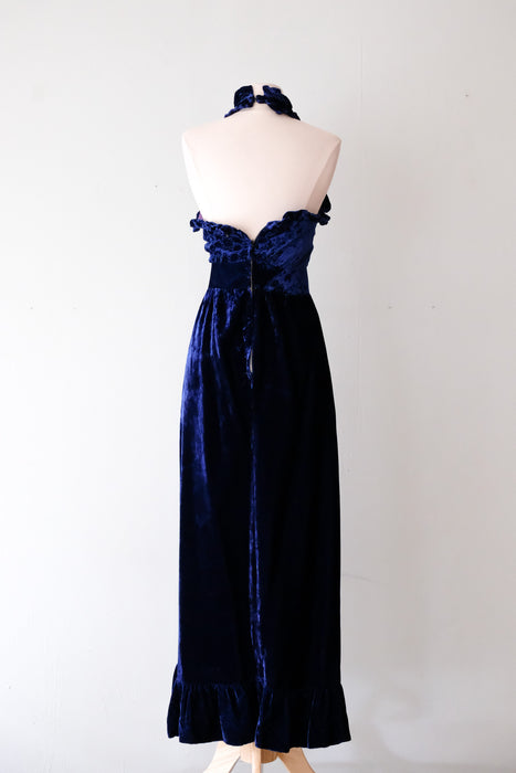 Stunning 1970's Blue Velvet Caped Evening Gown / Sz XS