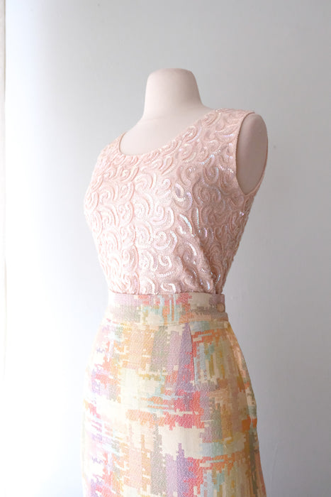 Shimmering 1960's Baby Pink Aurora Sequin & Soutache Top with Matching Cardigan / Sz M
