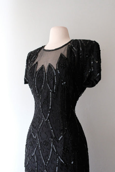 Stunning 1980's Raven Black Beaded Silk Gown / Sz L