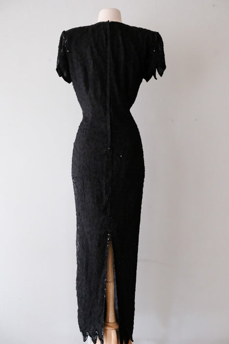 Stunning 1980's Raven Black Beaded Silk Gown / Sz L