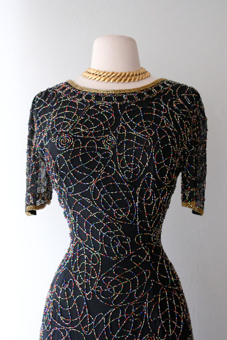 Jackson Pollack Vibes 1980's Black Confetti Rainbow Beaded Cocktail Dress / Sz M