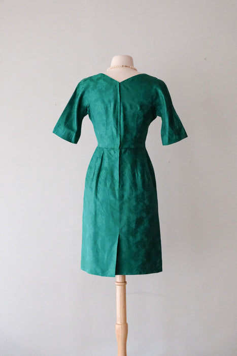 Fabulous 1960's Emerald Brocade Holiday Wiggle Dress / Sz Petite XS