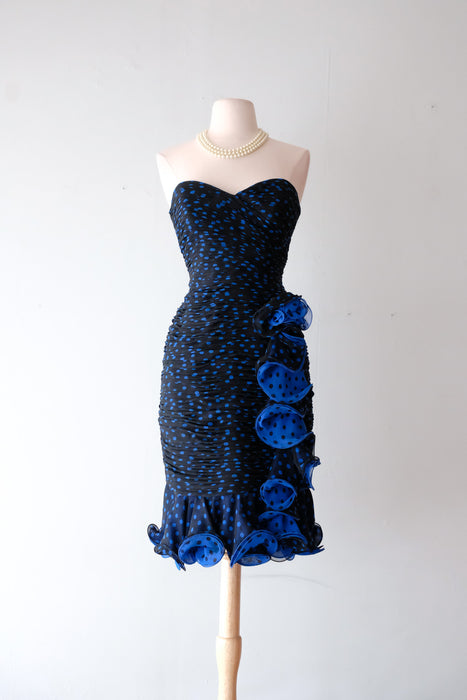 Fabulous 1980's Strapless Blue Polka Dot Cocktail Dress/ Sz S