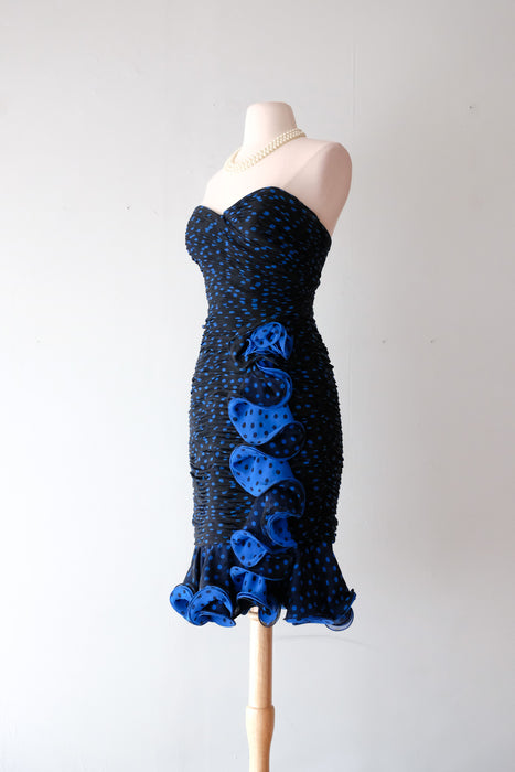 Fabulous 1980's Strapless Blue Polka Dot Cocktail Dress/ Sz S