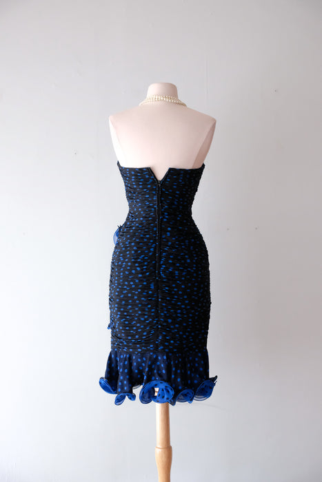 Fabulous 1980's Strapless Blue Polka Dot Cocktail Dress/ Sz S
