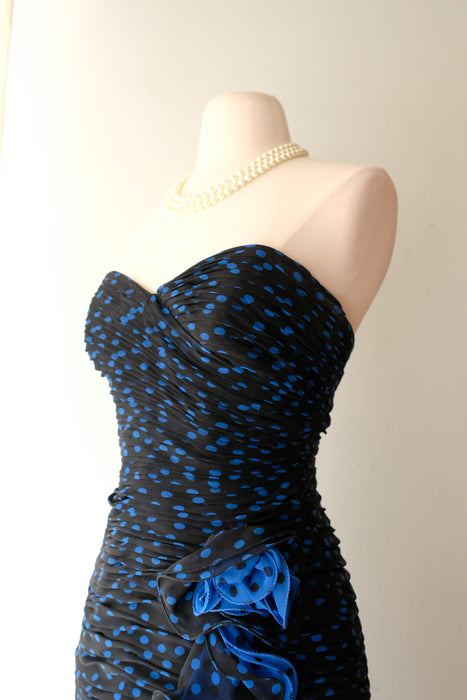 Fabulous 1980's Strapless Blue Polka Dot Cocktail Dress/ Sz S