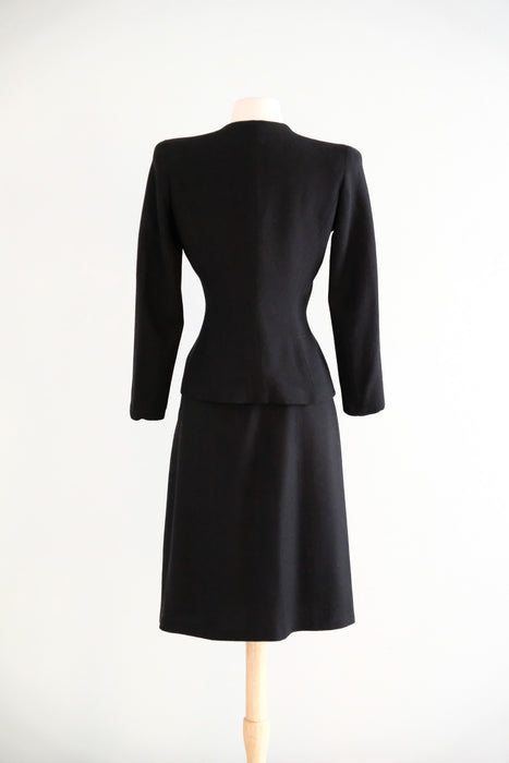 Vintage 1940's Black Wool Crepe Suit Set by Marston's / XS