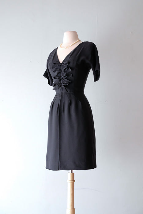 Lovely 1940's Ben Reig Little Black Dress with Bowties / Sz XS