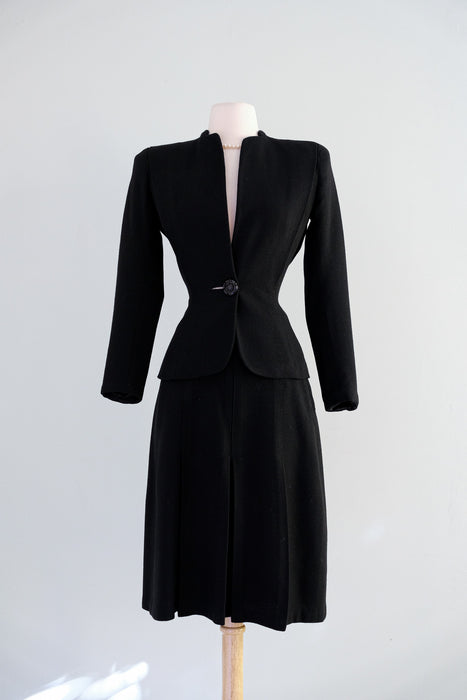 Vintage 1940's Black Wool Crepe Suit Set by Marston's / XS