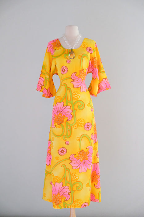 Vintage 1960's Pineapple Yellow Hawaiian Dress By Two Potato / M