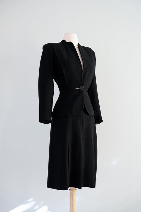 Vintage 1940's Black Wool Crepe Suit Set by Marston's / XS