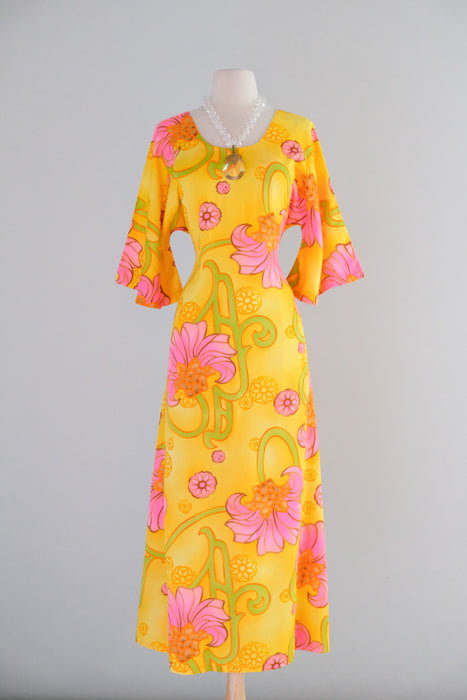 Vintage 1960's Pineapple Yellow Hawaiian Dress By Two Potato / M