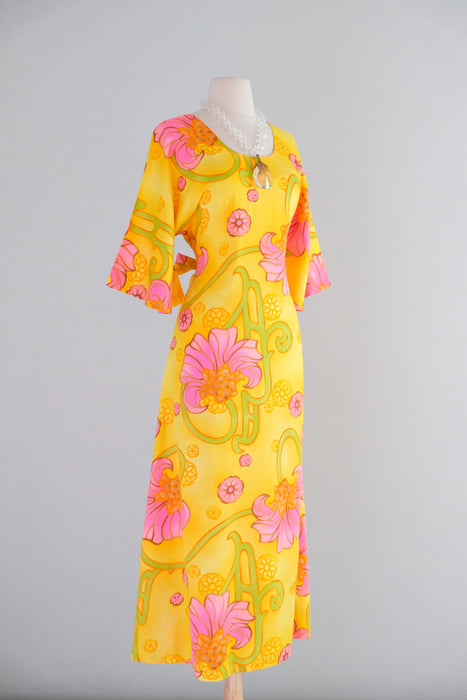 Vintage 1960's Pineapple Yellow Hawaiian Dress By Two Potato / M