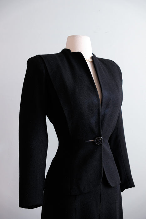 Vintage 1940's Black Wool Crepe Suit Set by Marston's / XS