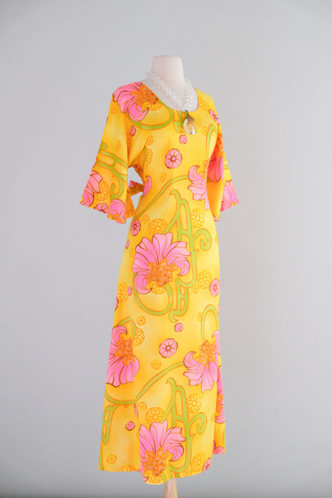 Vintage 1960's Pineapple Yellow Hawaiian Dress By Two Potato / M