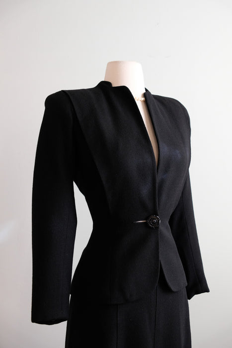 Vintage 1940's Black Wool Crepe Suit Set by Marston's / XS