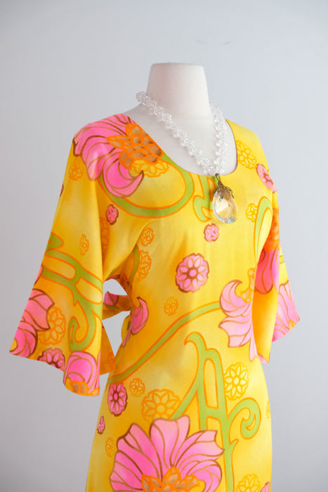 Vintage 1960's Pineapple Yellow Hawaiian Dress By Two Potato / M