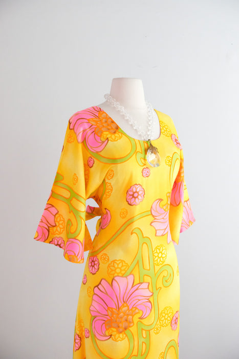 Vintage 1960's Pineapple Yellow Hawaiian Dress By Two Potato / M