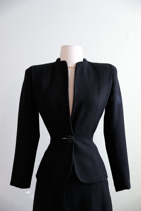 Vintage 1940's Black Wool Crepe Suit Set by Marston's / XS