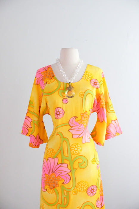 Vintage 1960's Pineapple Yellow Hawaiian Dress By Two Potato / M