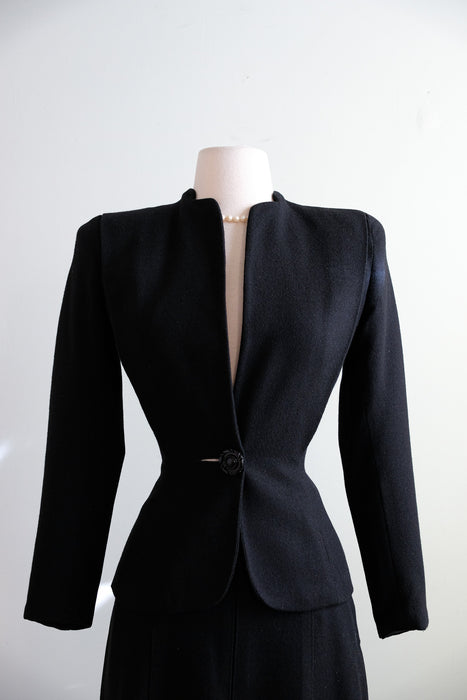 Vintage 1940's Black Wool Crepe Suit Set by Marston's / XS