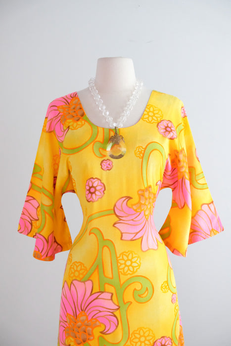 Vintage 1960's Pineapple Yellow Hawaiian Dress By Two Potato / M