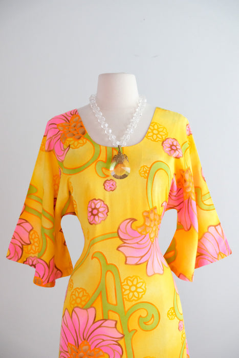 Vintage 1960's Pineapple Yellow Hawaiian Dress By Two Potato / M