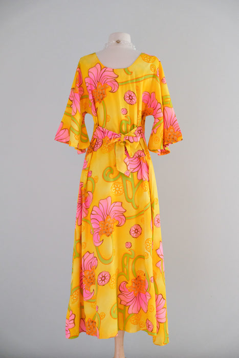 Vintage 1960's Pineapple Yellow Hawaiian Dress By Two Potato / M
